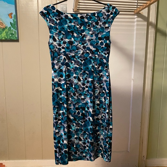 Connected Apparel Cap Sleeve Mock Wrap Dress blue dots - Picture 15 of 16